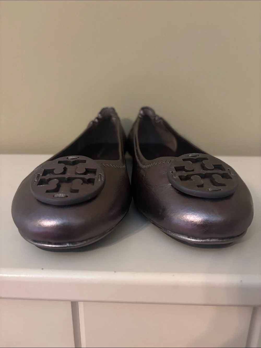 Tory Burch Minnie Travel Ballet Flats Gunmetal Metallic Pewter